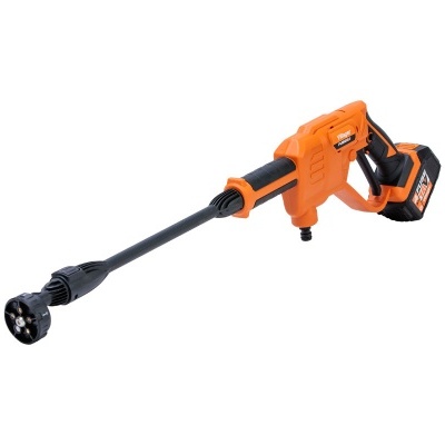 Lavadora de alta pressão sem fio laranja e preta com bateria