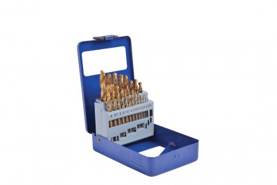 Conjunto de brocas de metal douradas organizadas em estojo azul aberto