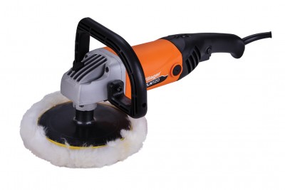 Politriz elétrica laranja e preta com almofada de polimento branca