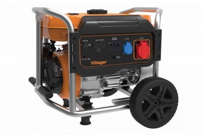 Gerador portátil Villager com estrutura metálica, corpo laranja e painel preto com tomadas coloridas