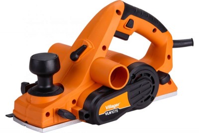 Plaina elétrica laranja e preta Villager VLN1075 sobre fundo branco