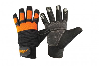 Luvas de trabalho laranja e preta com texto Blager®