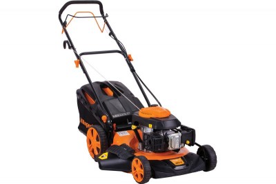 Cortador de relva a gasolina preto e laranja com saco coletor