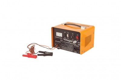 Carregador de bateria Villager VC 8 12V 6A laranja e preto com pinças vermelha e preta