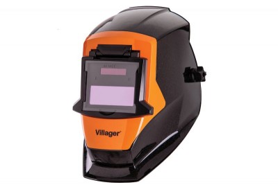 Máscara de soldar preta e laranja com viseira ajustável e logo Villager