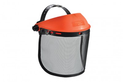 Máscara protetora com viseira de plástico laranja e proteção facial em malha metálica