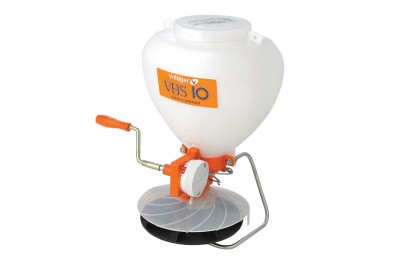 Distribuidor manual de fertilizantes ou sementes com depósito branco e etiqueta laranja