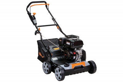 cortador de relva preto com detalhes laranja e rodas cinzentas
