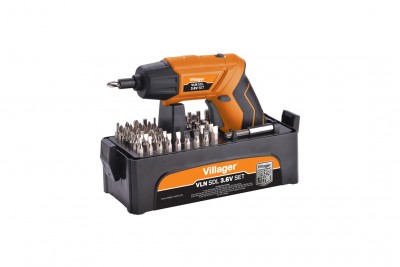 Aparafusadora elétrica laranja e preta com conjunto de pontas em caixa preta