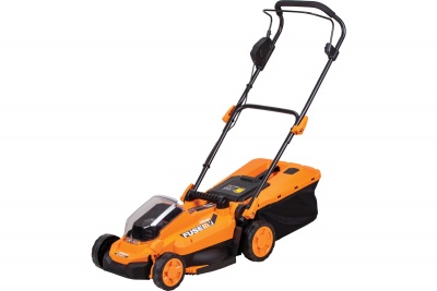 Corta-relva laranja e preto com pega e saco coletor