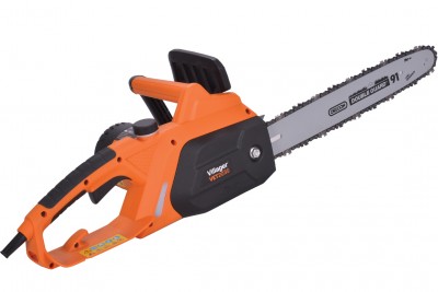 Motosserra elétrica laranja e preta com lâmina metálica e corrente