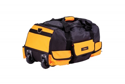 Mala de viagem preta e laranja com rodas e bolsos exteriores