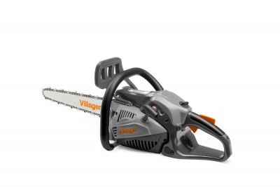 Moto-serra Villager cinzenta com detalhes laranja e punhos pretos