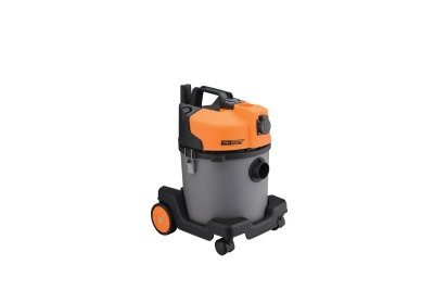 Aspirador industrial cinzento com tampa laranja e rodas