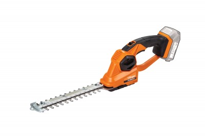 Cortador de relva elétrico com lâmina e cabo preto e laranja, bateria destacável.