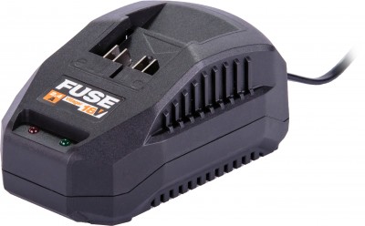 Carregador de bateria FUSE preto com indicadores LED e ventilação lateral