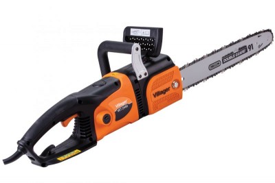 Moto-serra elétrica laranja e preta com lâmina metálica e corrente