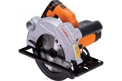 Serra circular elétrica cinzenta, preta e laranja com texto LASER