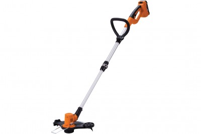 Aparelho para aparar relva elétrico laranja e preto com cabo longo e base de corte