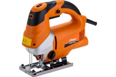 Serra tico-tico elétrica laranja e preta com base metálica