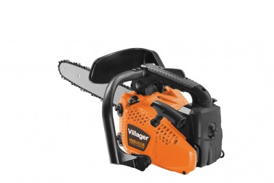Motosserra Villager laranja e preta com lâmina metálica e corrente