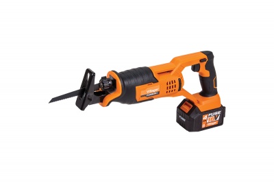 Serra Sabre elétrica sem fio laranja e preta com bateria destacável