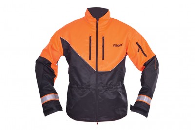 Casaco desportivo laranja e preto com bolsos e faixas refletoras