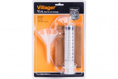 Conjunto Villager com funil branco, seringa transparente e toalha microfibra em embalagem