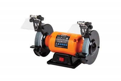 Mó de bancada laranja com discos abrasivos e protetores transparentes