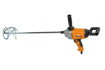 Misturador elétrico de construção com pega a preto e laranja e haste metálica longa