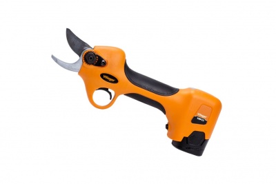 Tesoura elétrica laranja e preta com lâmina curva