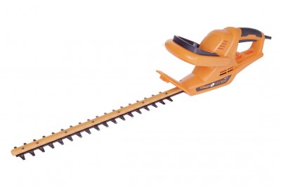 Tesoura de sebe elétrica laranja e preta com lâmina longa metálica