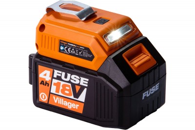 Bateria de ferramenta elétrica Villager Fuse 18V 4Ah preta e laranja com luz LED