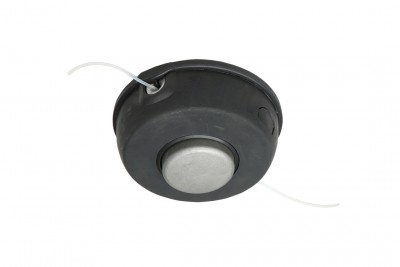 Cabeça de aparador de relva preta com detalhe metálico e linha branca