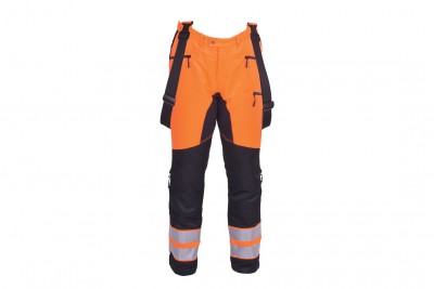 Calças de trabalho laranja e preto com alças e faixas refletoras