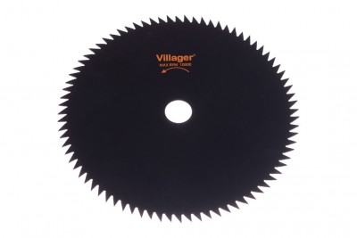 Lâmina circular de serrar metálica preta com dentes afiados e texto Villager