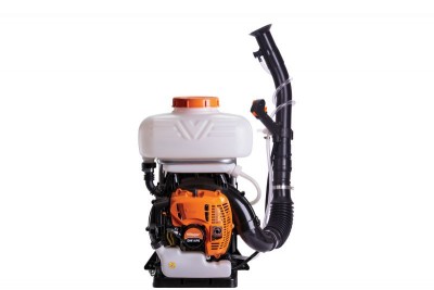 Pulverizador motorizado de mochila com depósito branco e motor laranja