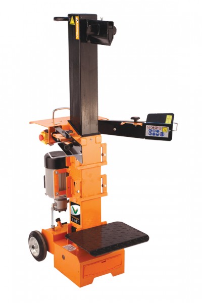 Máquina de cortar lenha laranja e preta com painel de controlo e rodas