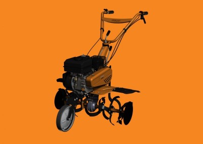 Motoazada laranja com motor a gasolina sobre fundo laranja