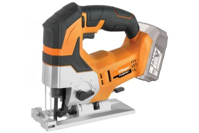 Serra de calar elétrica sem fio laranja e preta com bateria cinza