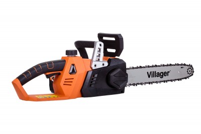 Moto-serra elétrica laranja e preta com lâmina prateada marcada 'Villager'