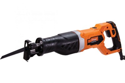 Serra tico-tico elétrica laranja e preta com lâmina dentada