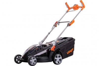 Cortador de relva elétrico Villager preto e laranja com saco de recolha