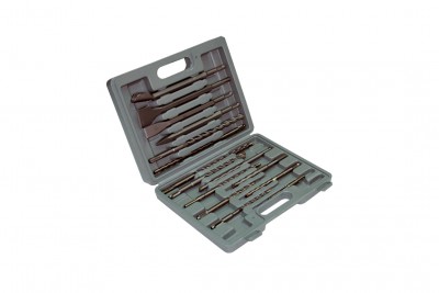 Conjunto de brocas e acessórios metálicos em estojo cinza de plástico aberto