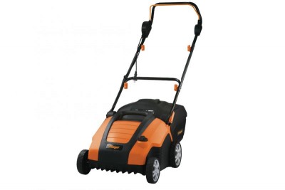 Aparelho de limpeza ao ar livre laranja e preto com rodas e saco coletor