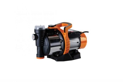 Bomba de água elétrica em metal prateado e plástico preto e laranja