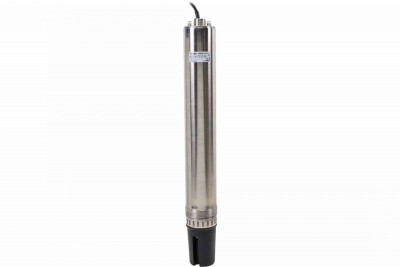 Bomba submersível metálica prateada com base preta