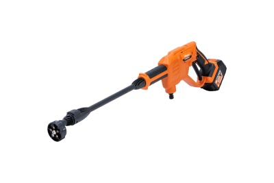 Lavadora de alta pressão sem fio laranja e preta com bateria