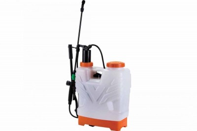 Pulverizador de mochila branco com base e tampa laranja, lança e mangueira pretas