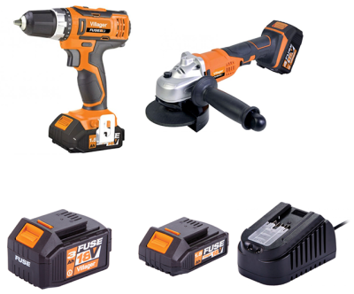 Conjunto de ferramentas elétricas Villager com furadeira, esmerilhadora, baterias e carregador